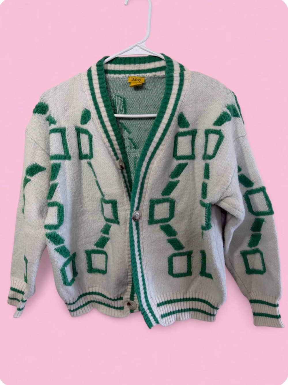 Daisy Cream Cardigan with Green Geometric Pattern